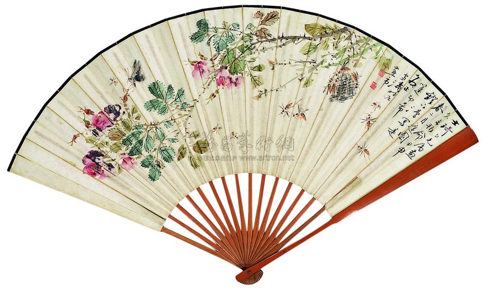0200 甲申(1944年)作 蜂蝶月季 成扇 设色纸本
