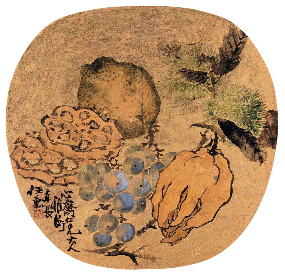 0036佛手葡萄图扇面设色金笺