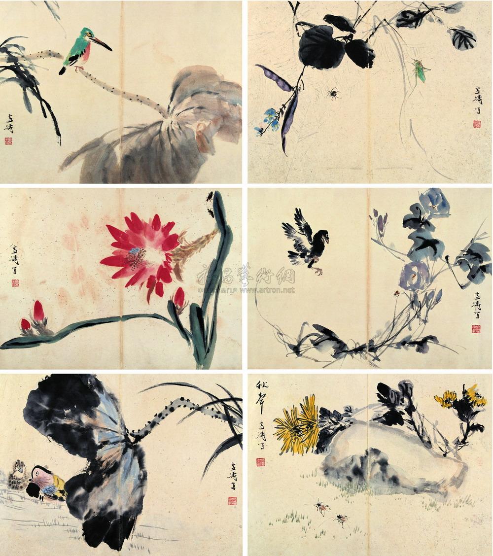 1012 花鸟草虫图册 册页 (十二开选六) 纸本设色