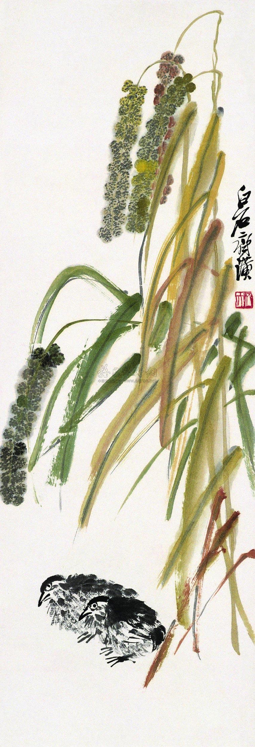 0457谷穗鹌鹑立轴设色纸本