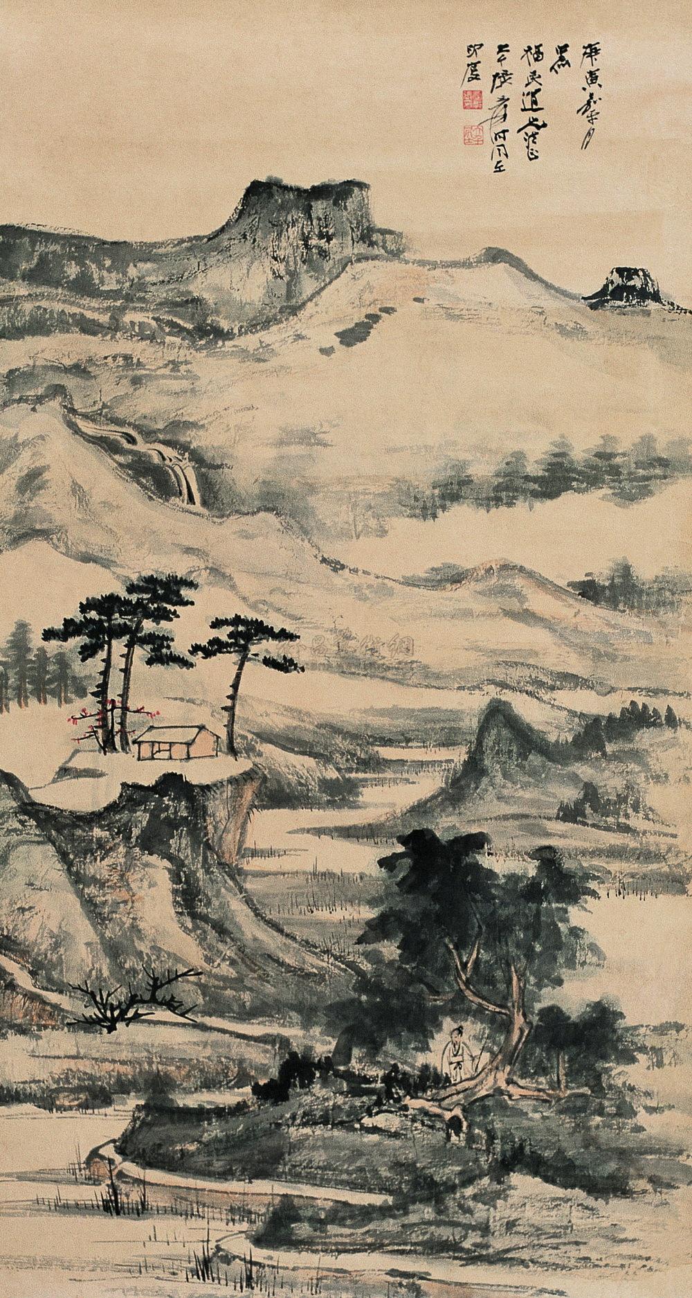【庚寅(1950年)作 溪山访友图 立轴 设色纸本】拍卖品_图片_价格_鉴赏