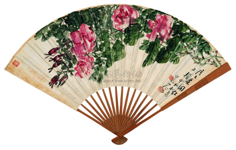 01471934年作月季图并行书七言诗扇面设色纸本