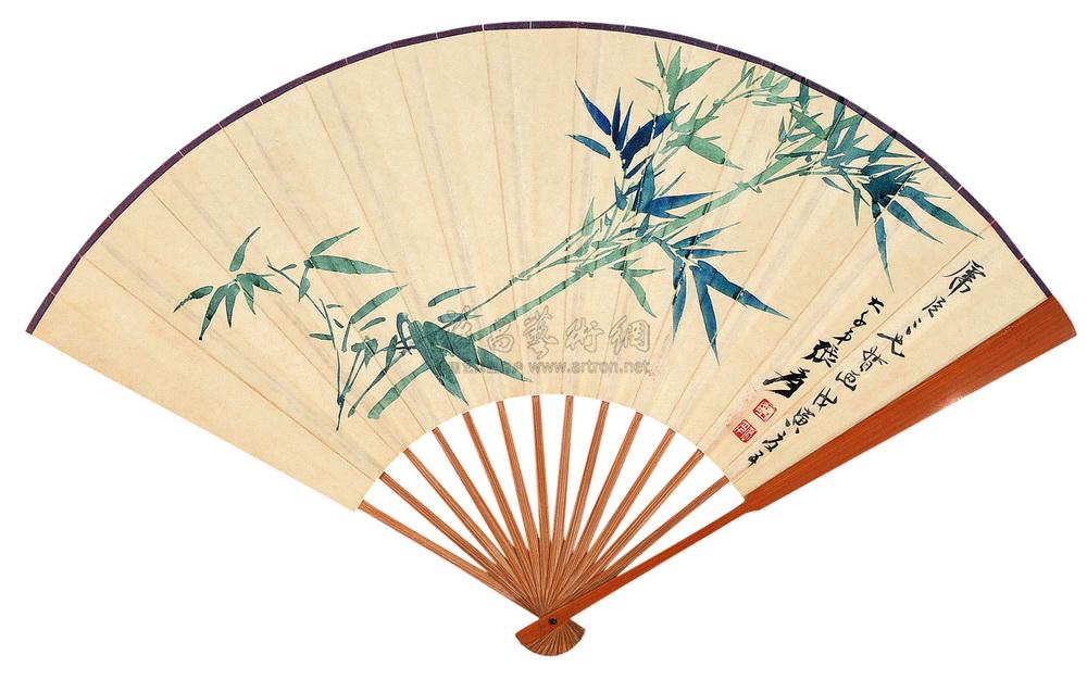 0457 戊寅(1938)年作 碧竹图 墨竹图 扇面 设色纸本