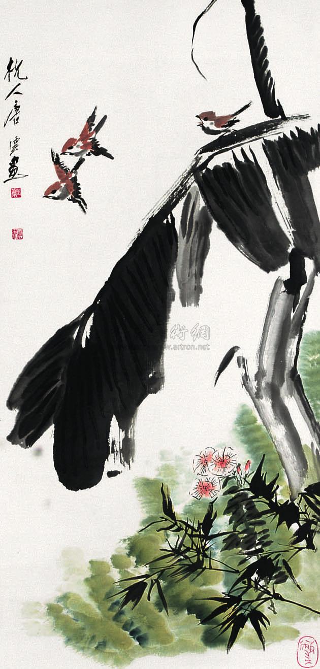 0230芭蕉飞雀图立轴设色纸本