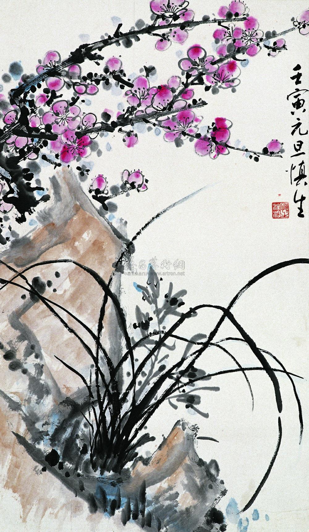 0221壬寅1962年作梅兰图立轴设色纸本