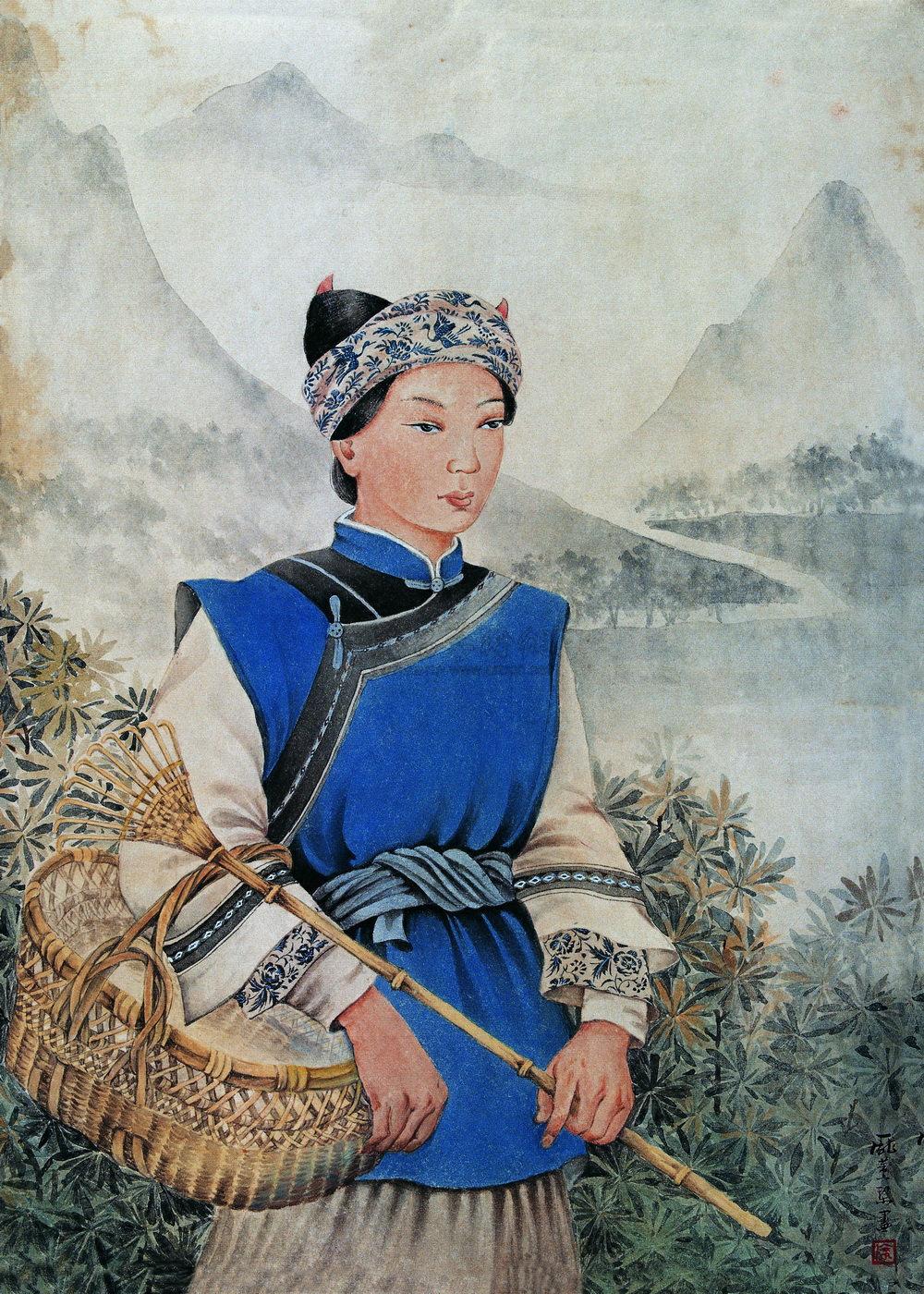 00440年代苗女纸上水彩工笔画
