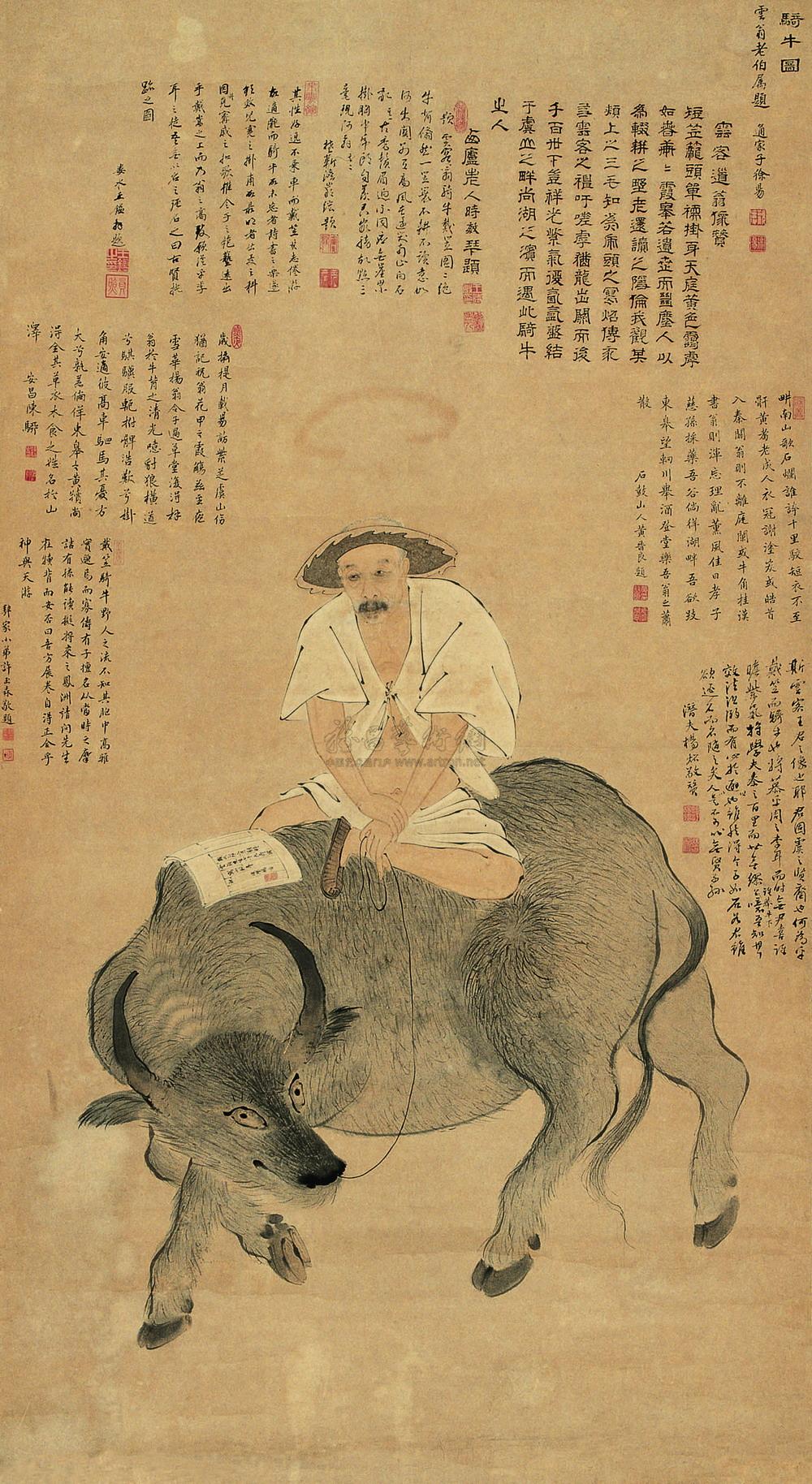 【1675年作 王云客骑牛图 立轴 纸本设色】拍卖品