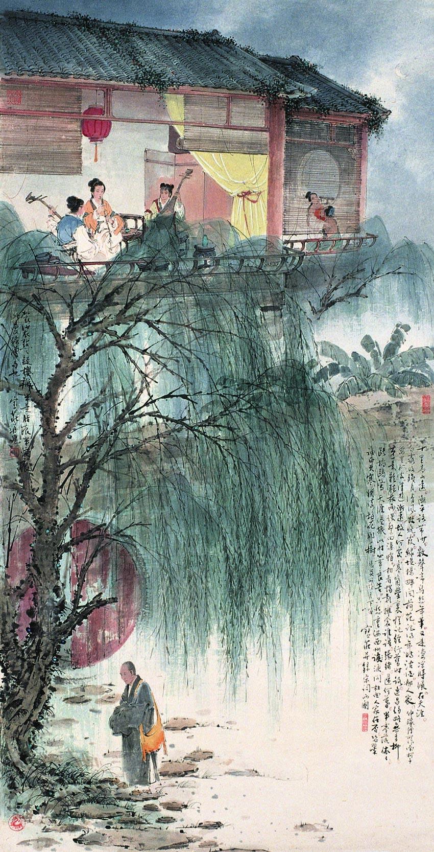 0422 月上西楼 立轴 设色纸本