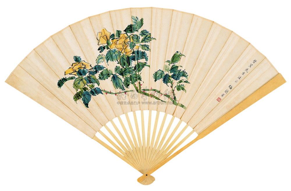 1818丙戌1946月季隶书扇面设色纸本