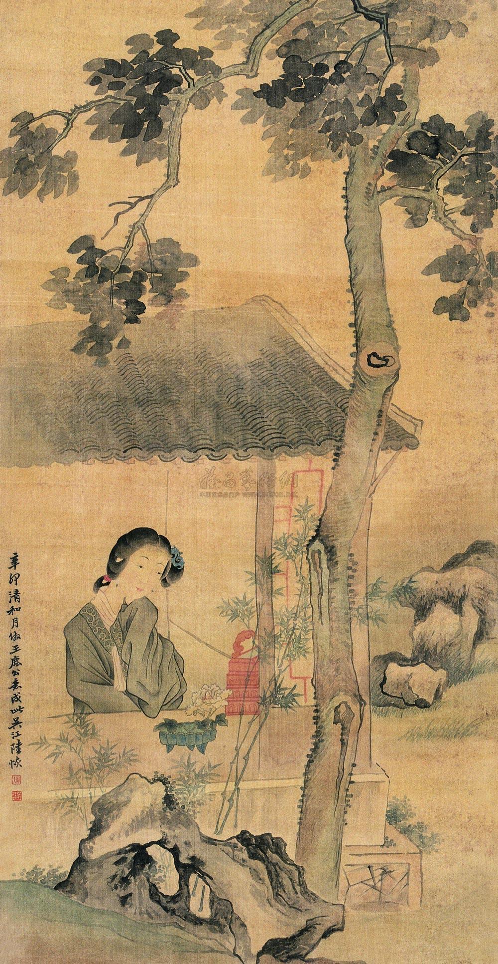 1018辛卯1891年作桐荫仕女中堂设色绢本