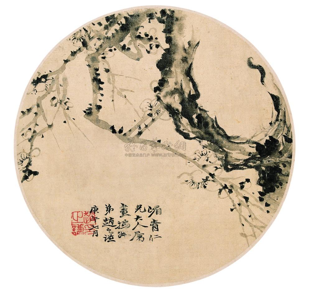 1451梅花圆光片水墨绢本