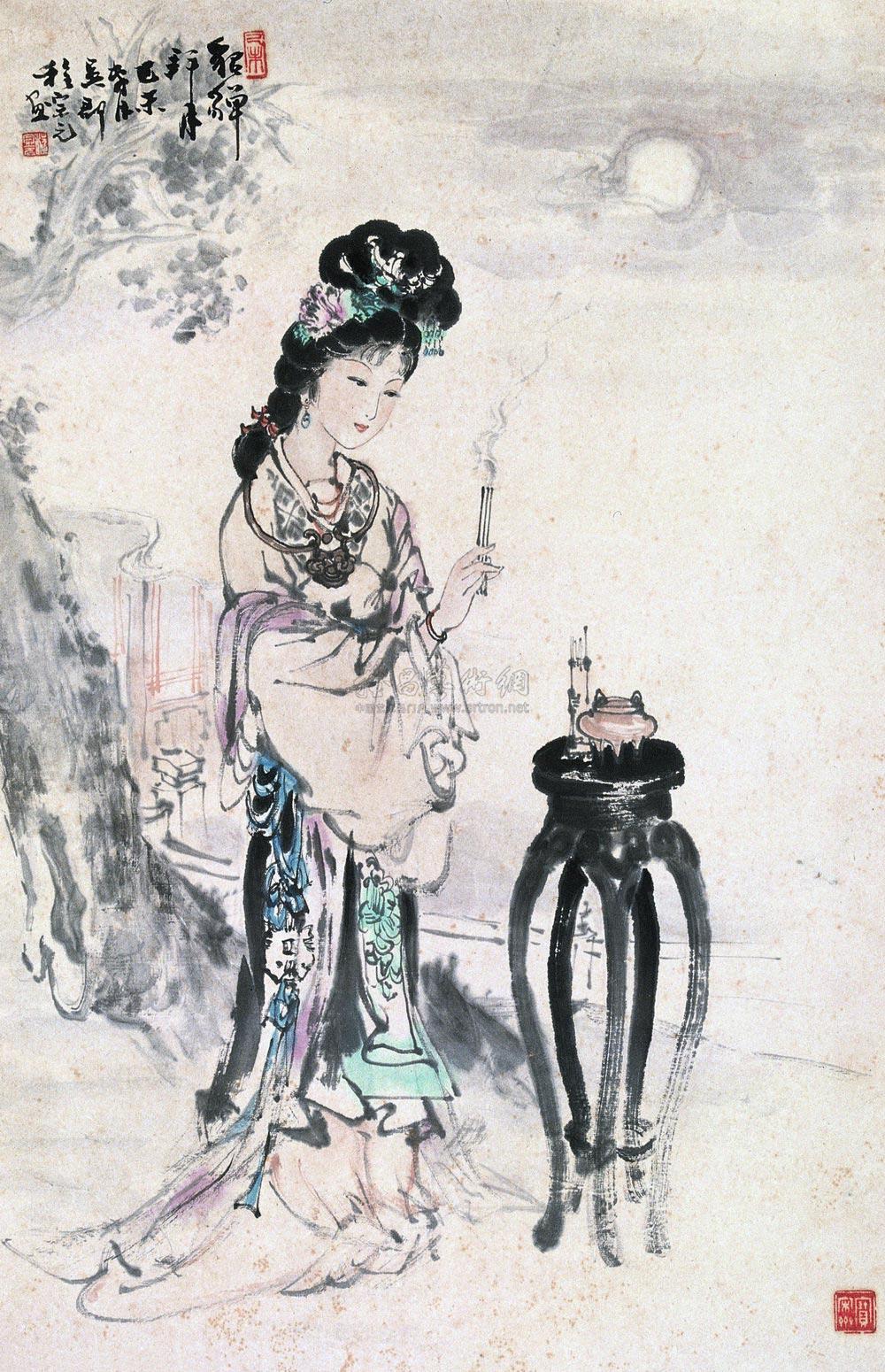 0657 1979年作 貂蝉拜月 立轴 设色纸本