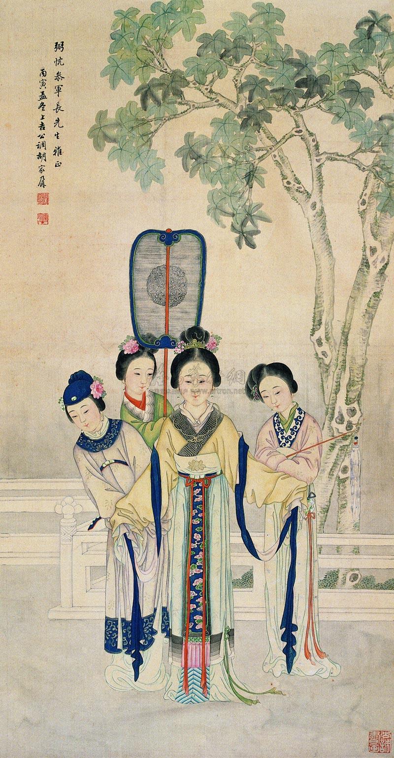 0240 桐荫仕女图 立轴 绢本,设色