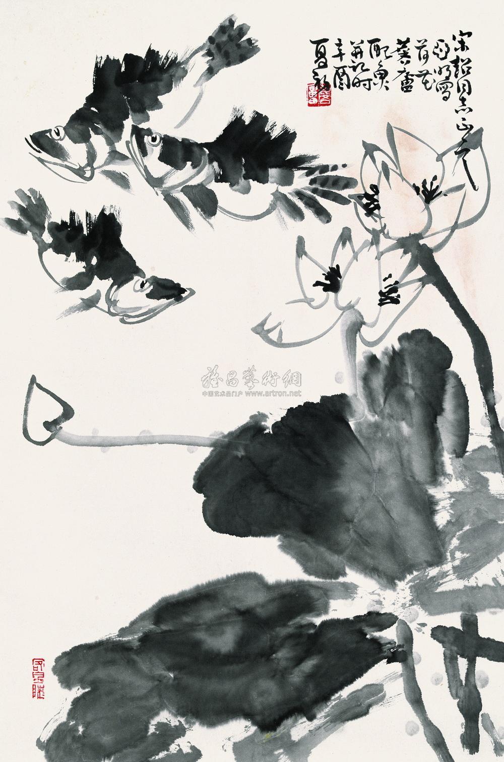 0068 1981年作 荷花鳜鱼 立轴 水墨纸本