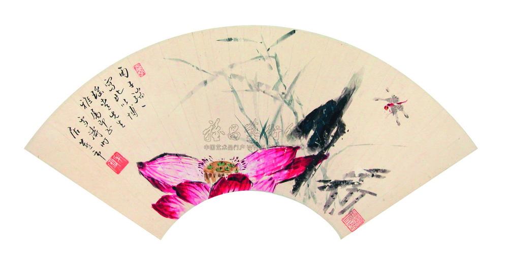 0069荷花蜻蜓扇面设色纸本