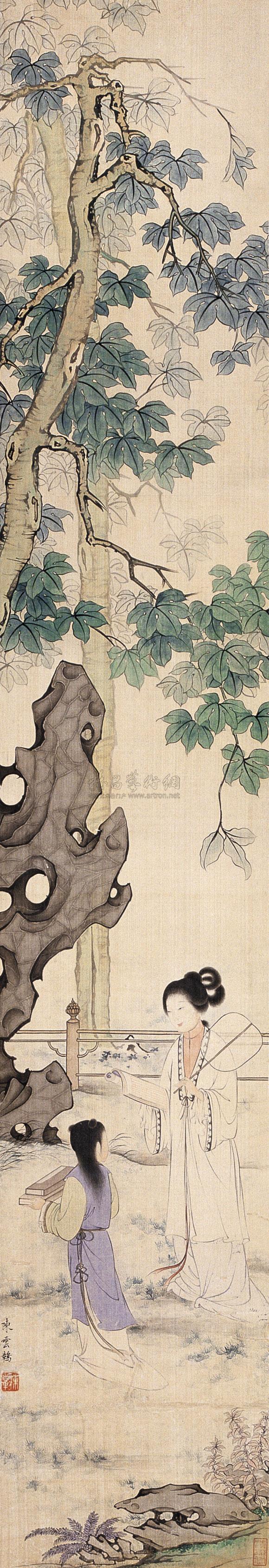 1500 桐荫仕女 立轴 设色绢本