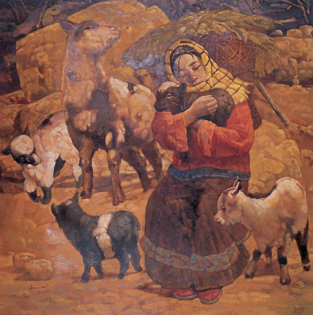 0283 坐着抱羊的小牧女 布面油画