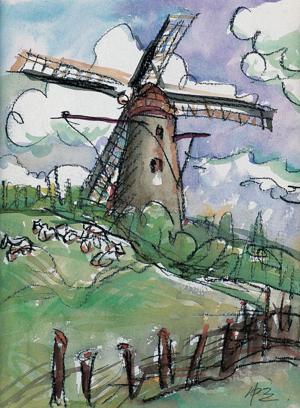 0061 2003年作 荷兰风车 水彩