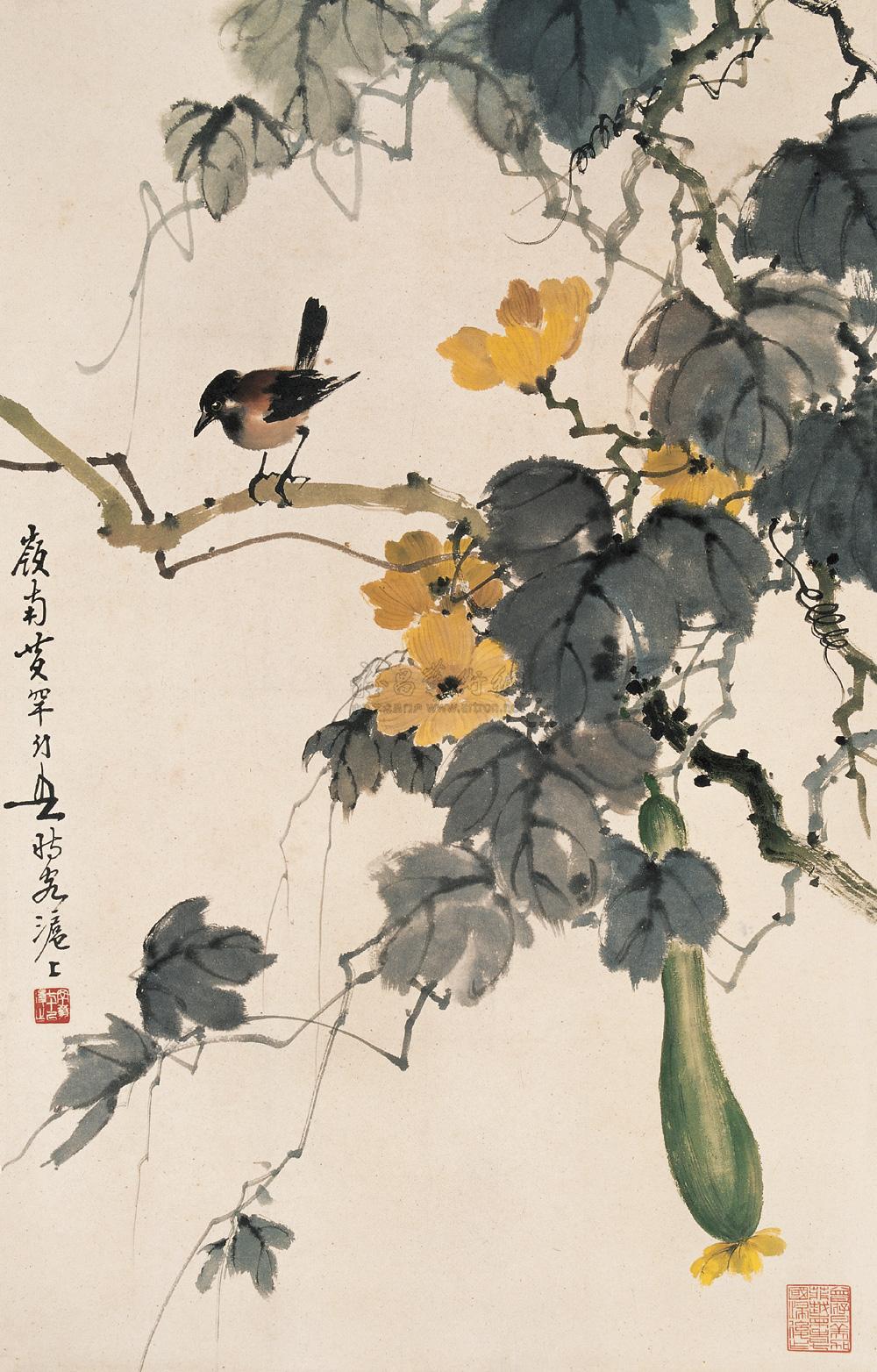 0103 丝瓜藤鸟 立轴 设色纸本
