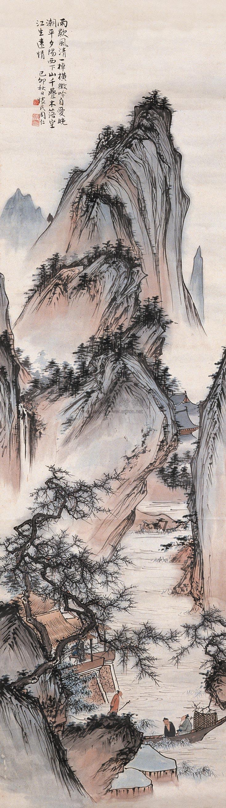 0141 己卯(1939)年作 山溪待渡 立轴 设色纸本
