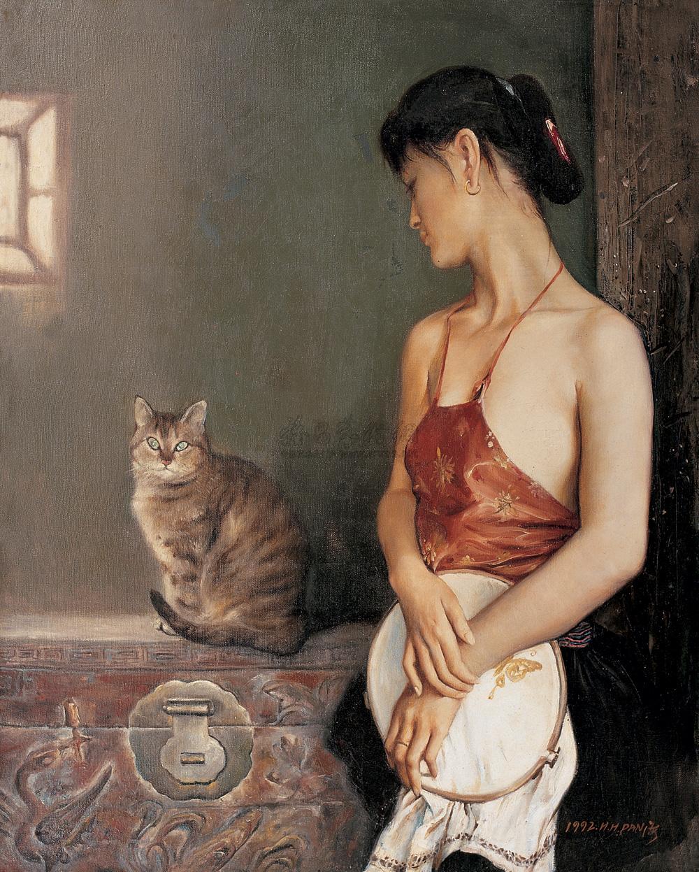 0057 1992年作 少女与猫 布面 油画