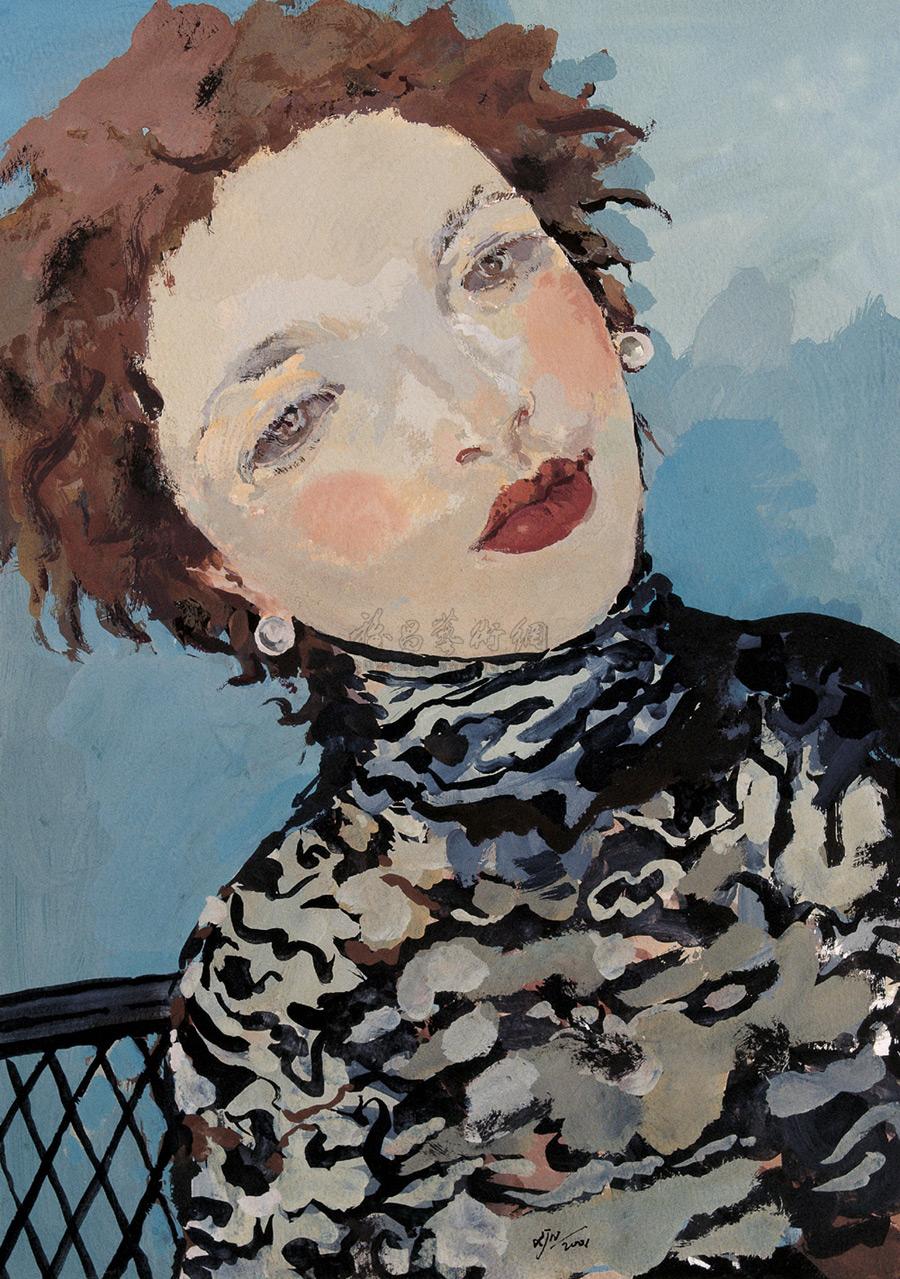 1092女青年像纸本水粉画