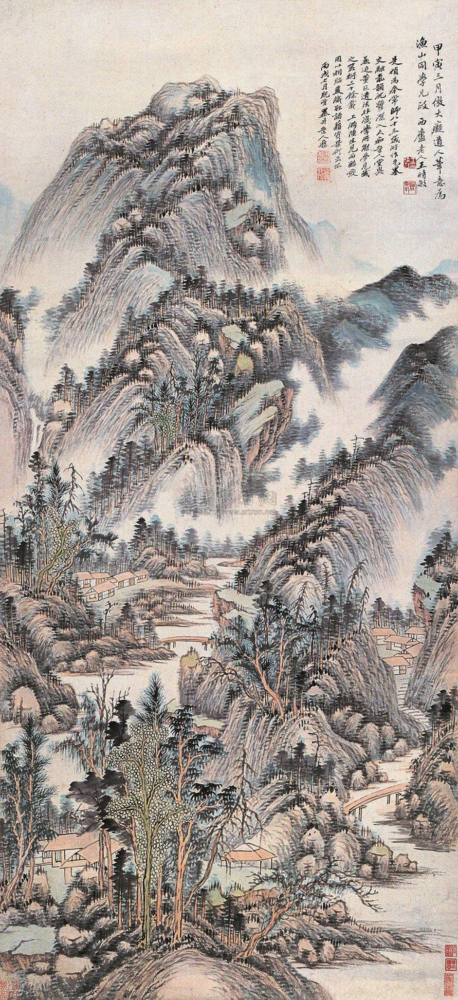 【甲寅(1674年)作 浅绛山水 立轴 纸本】拍卖品_图片_价格_鉴赏_绘画