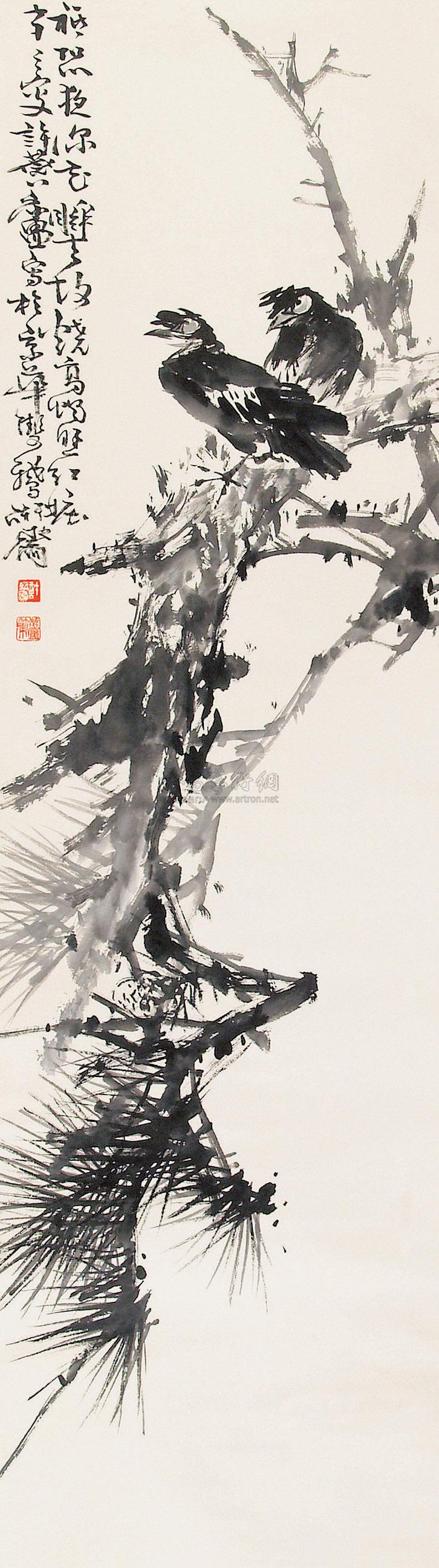 0259 老松八哥 立轴 水墨纸本