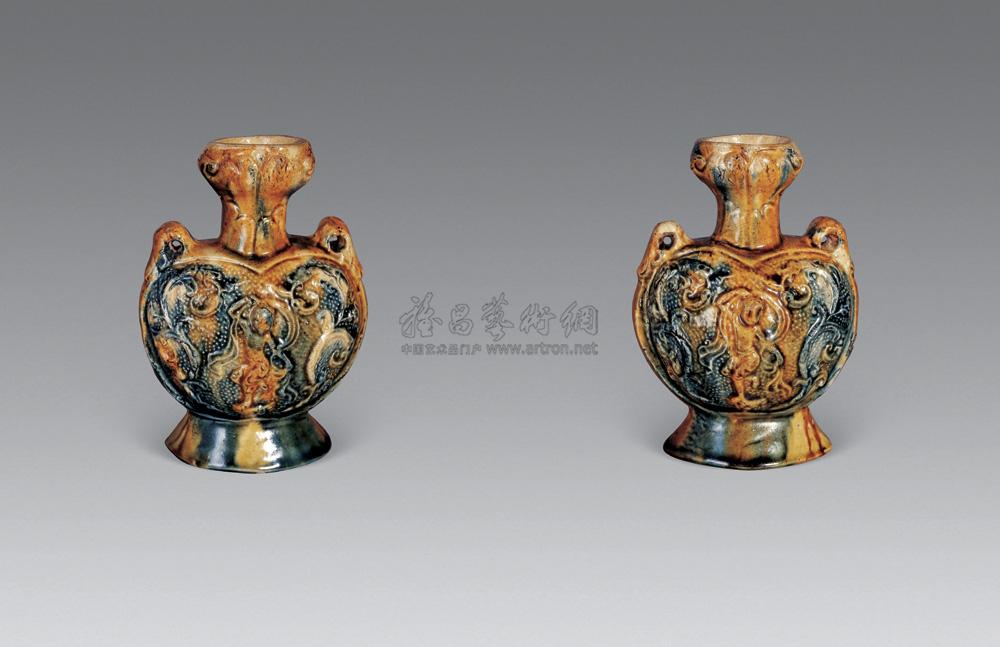 【唐 三彩乐舞纹扁壶】拍卖品_图片_价格_鉴赏_元代