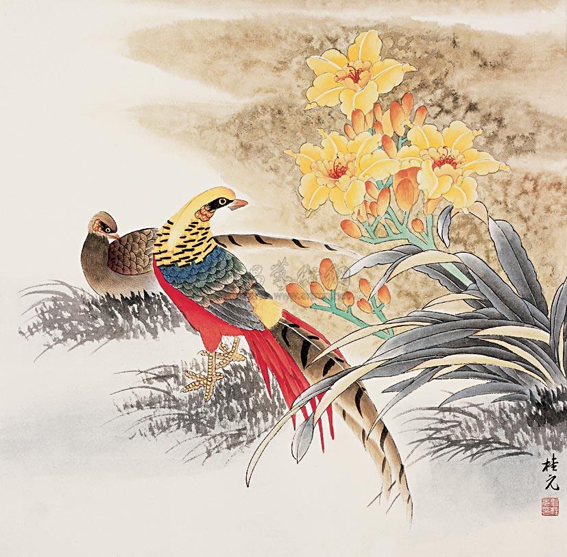 0456萱花锦鸡镜心设色纸本