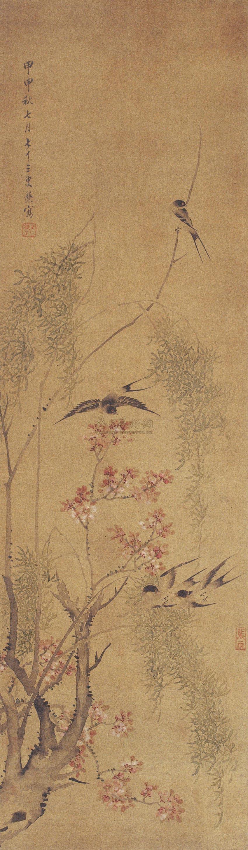 0551 甲申(1844年)作 桃花燕子图 立轴 设色纸本