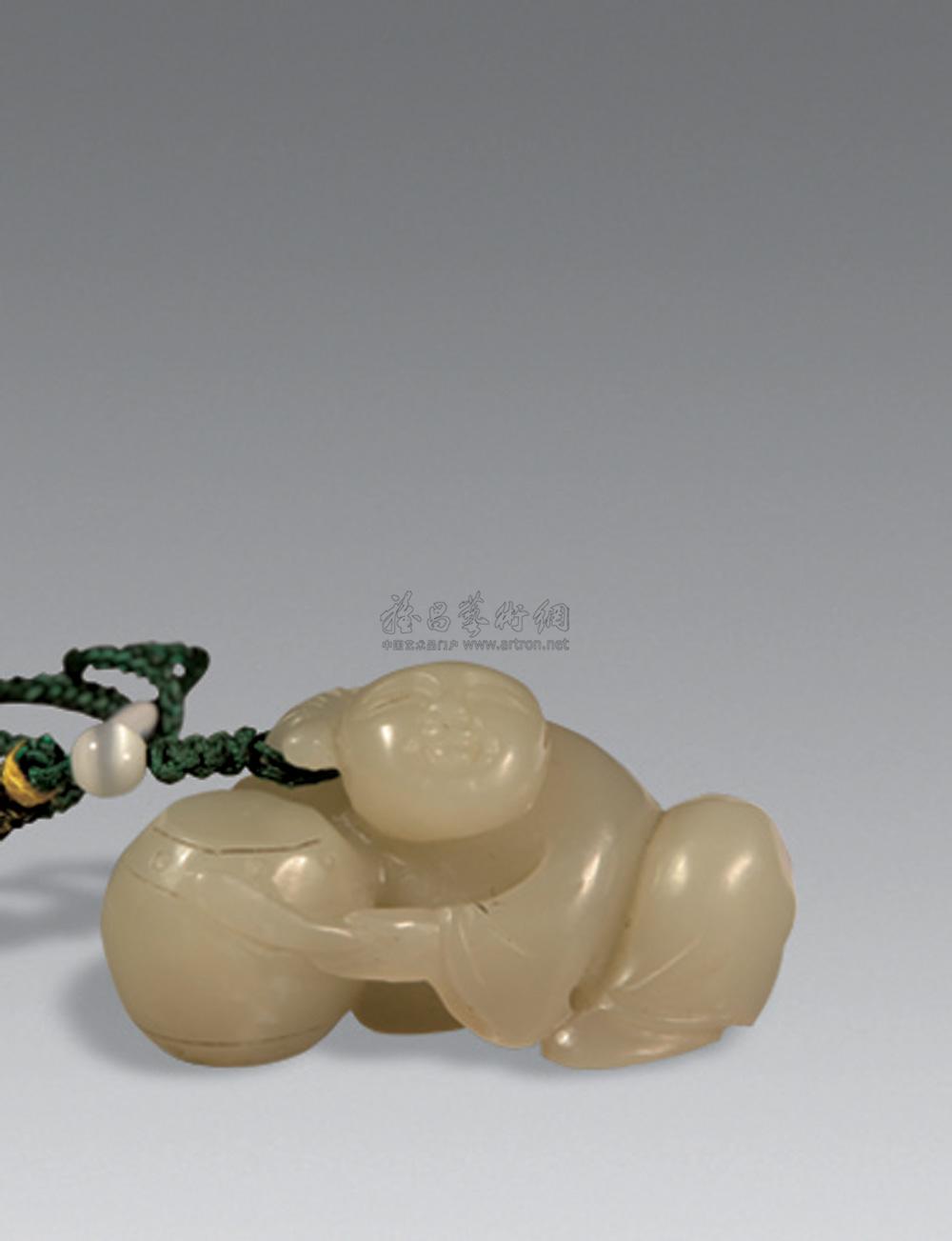 2280清玉雕童子拜寿挂件