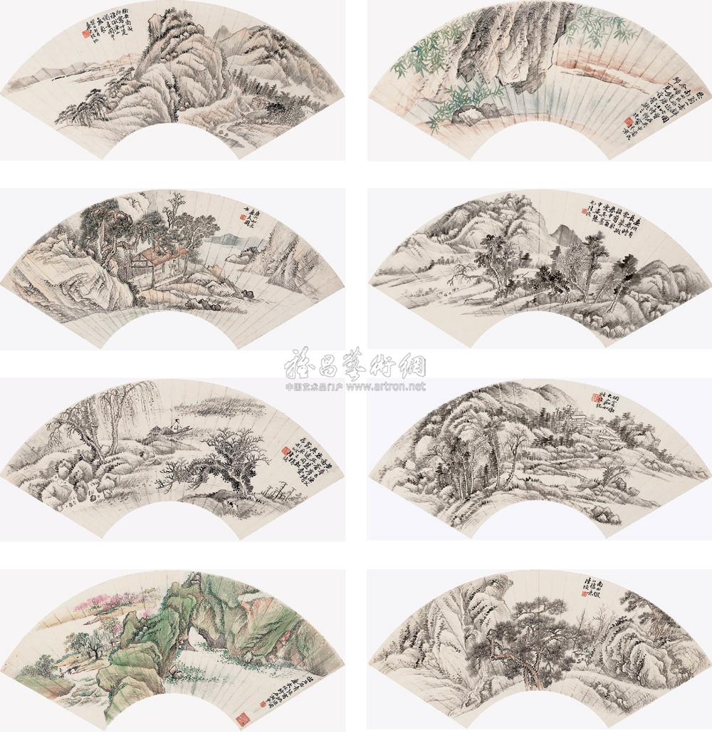 1719 仿古山水 扇面镜心 (八开) 设色,水墨纸本