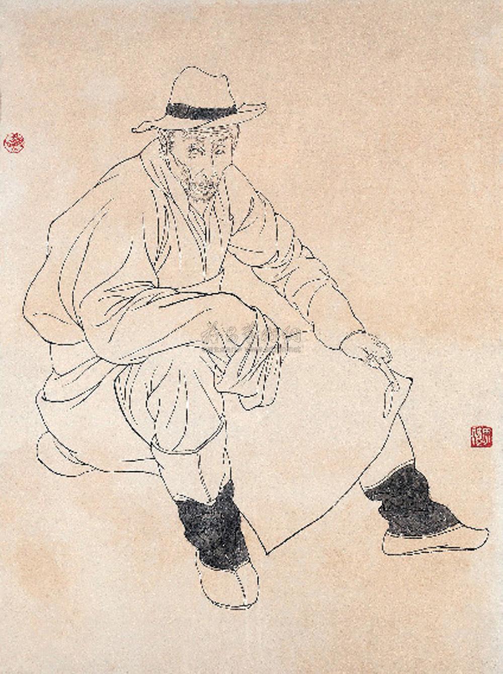 0074 藏族老人 镜心 白描纸本