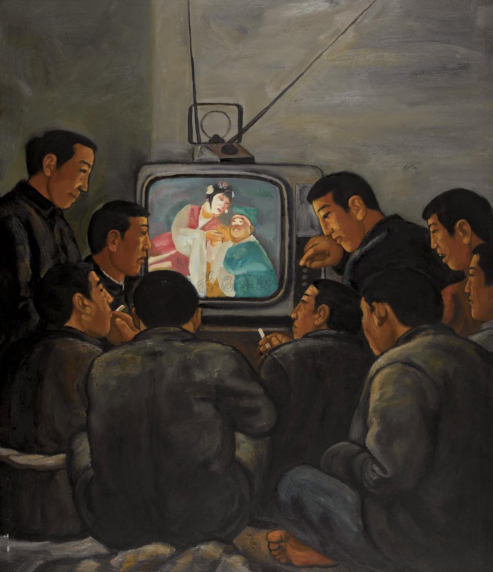 0090 大家一起看电视 布面 油画