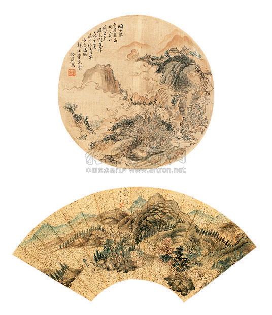 0300 圆光山水扇面 立轴 绢本