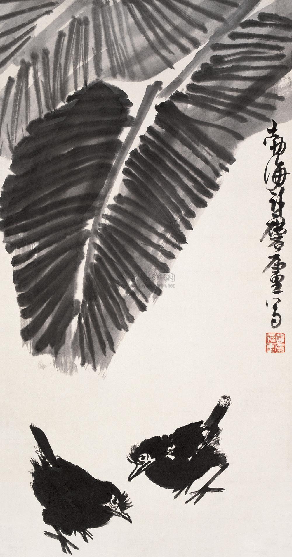 0856蕉荫八哥立轴水墨纸本