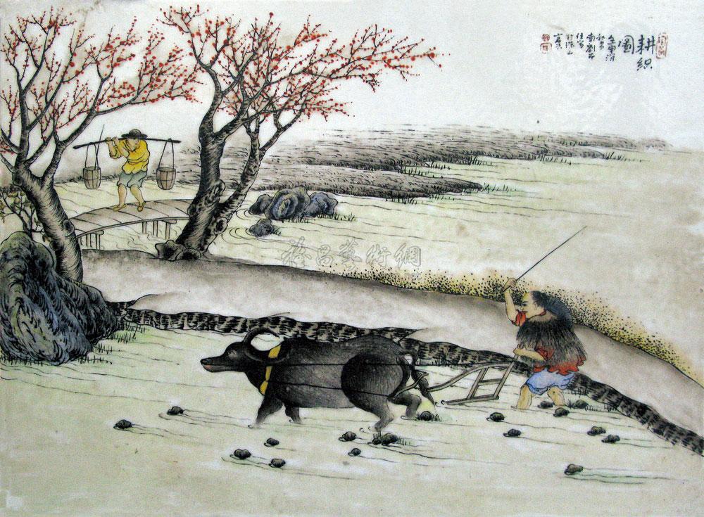 0226 民国 粉彩耕织图瓷板画