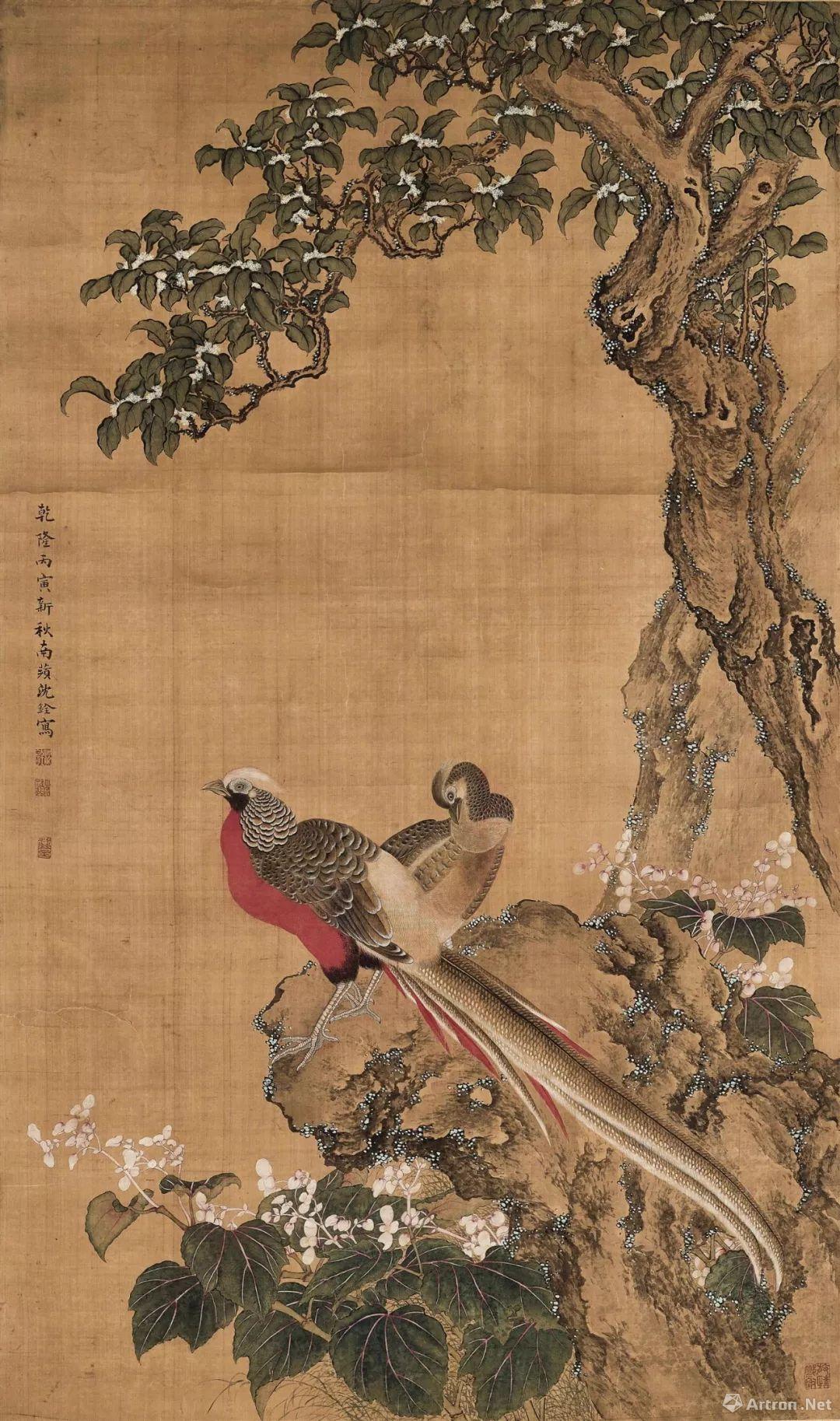 拍品编号1043 清 沈铨 《桂花双雉》 设色绢本 立轴 139 x 83 cm.