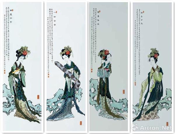 《古彩琴棋书画 范敏祺(江西 36×110cm×4 釉上彩