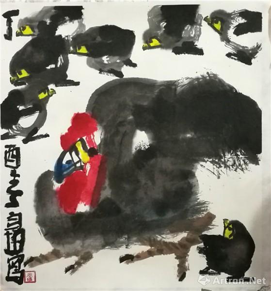 《随群啄栗草堂春》  蔡寅坤 49x39cm 2016年 纸本设色