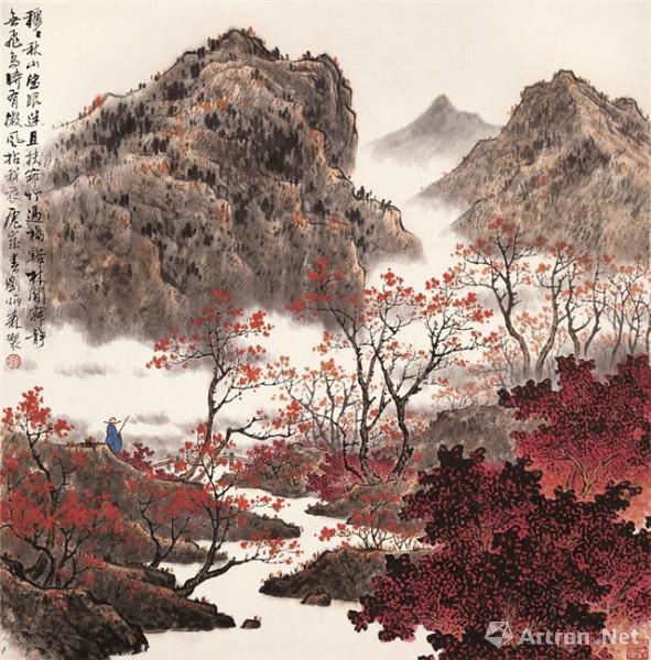 《秋景山水》  刘炳森 68.5x67.5cm 1986年 水墨设色