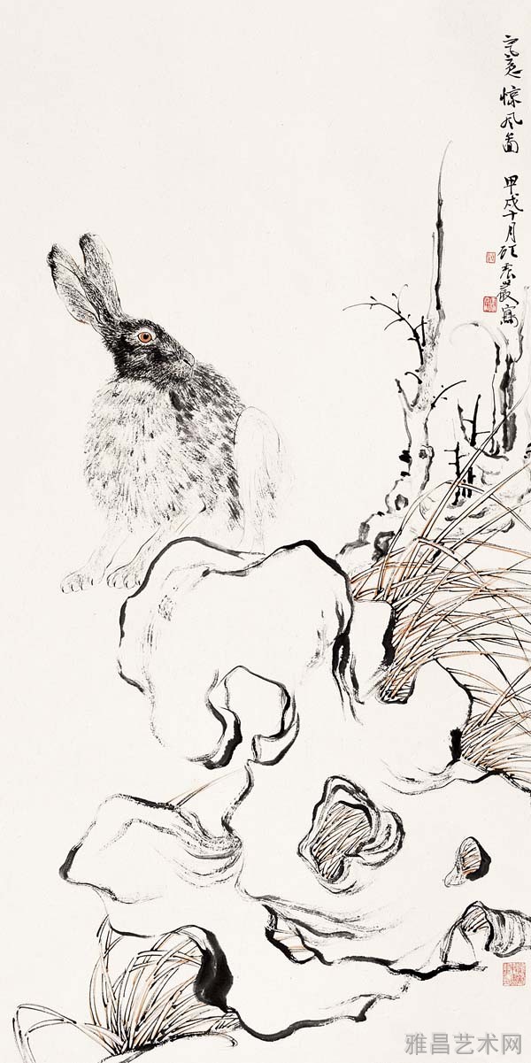 顾震岩《寒兔惊风图》