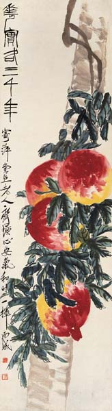 齐白石《寿桃图》 中国画 179x48cm 1937