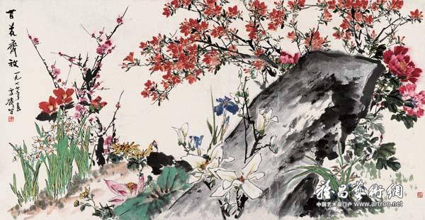 王雪涛《百花齐放》 中国画 97x188cm 1977
