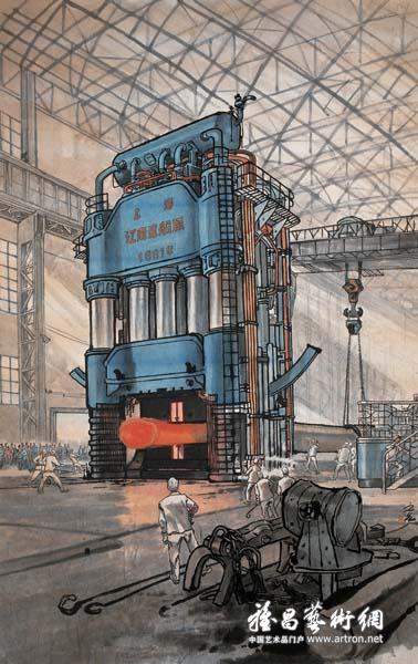 谢之光《万吨水压机》 中国画 180x96cm 20世纪60年代