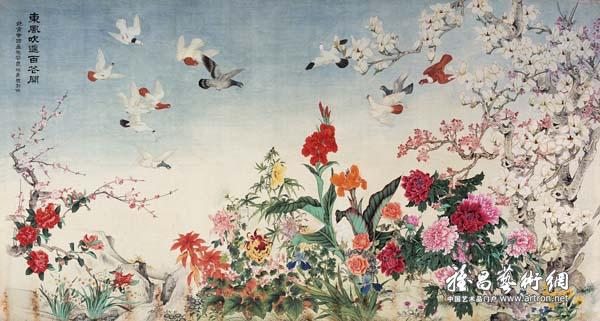 北京画院花鸟组集体创作《东风吹遍百花开》 中国画 162x305cm