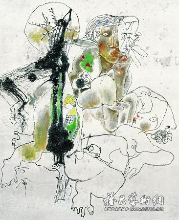 石虎《仕女图》纸本重彩 72×71cm