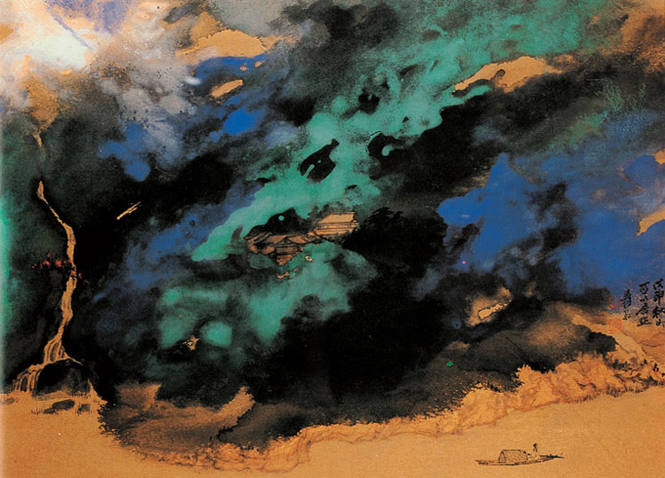 张大千 戊申（1968）年作 泼彩青绿山水图 镜心