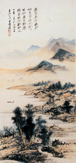 张大千 丁亥（1947）年作 流水孤村图 镜心